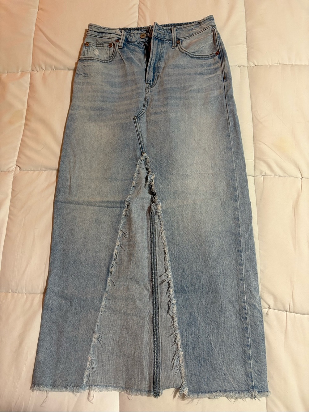 American Eagle Outfitters Light Blue Distressed Denim Midi Skirt